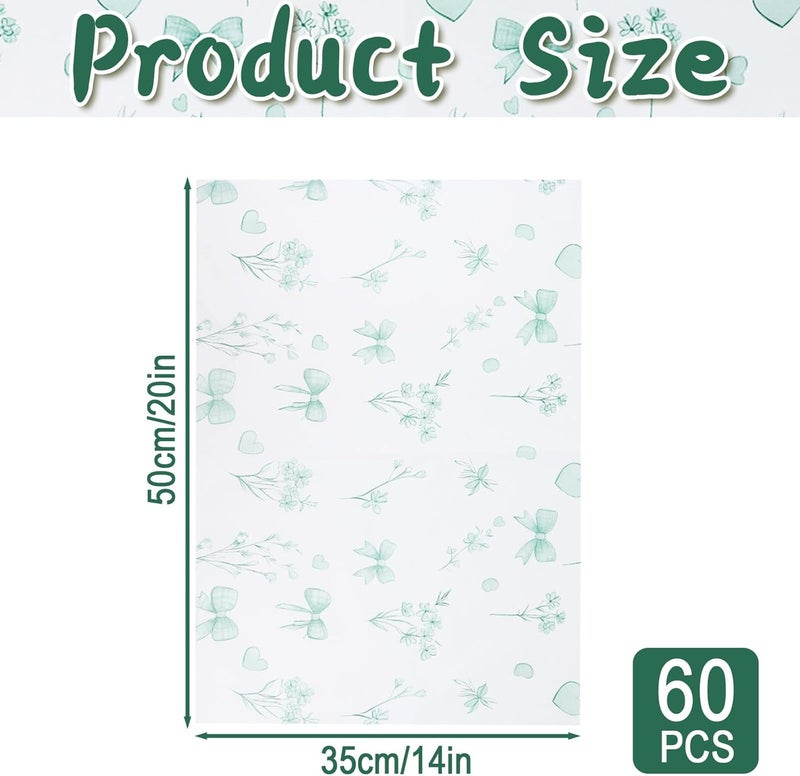 Ethanberg 60 Sheets Gift Wrapping Tissue Paper Bulk, Green Bow Floral Print Tissue Paper for Gift Bags, Decorative Art Papers for DIY Crafts Wedding Birthday Baby Showers Holiday Party Decor, 20x14 Inches - Image 2